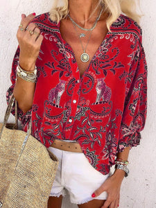 Casual Loose Long Sleeve Lapel Print Top