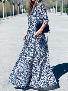 Retro Elegant V Neck Leopard Print Maxi Dress