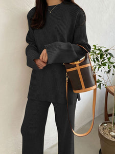 Pure Color Knitted Long Sleeve Casual Suit