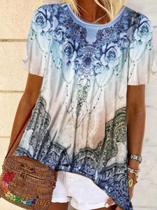 Bohemian Vintage Round Neck Short Sleeve Floral Top