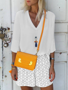 Casual Loose V Neck Top Floral Shorts Suit