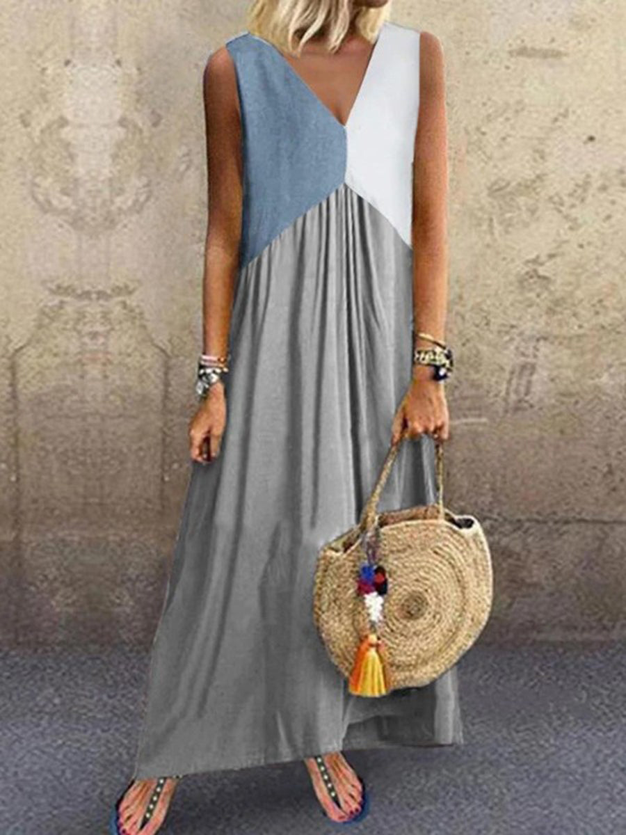 Tricolor Stitching Round Neck Casual Dress