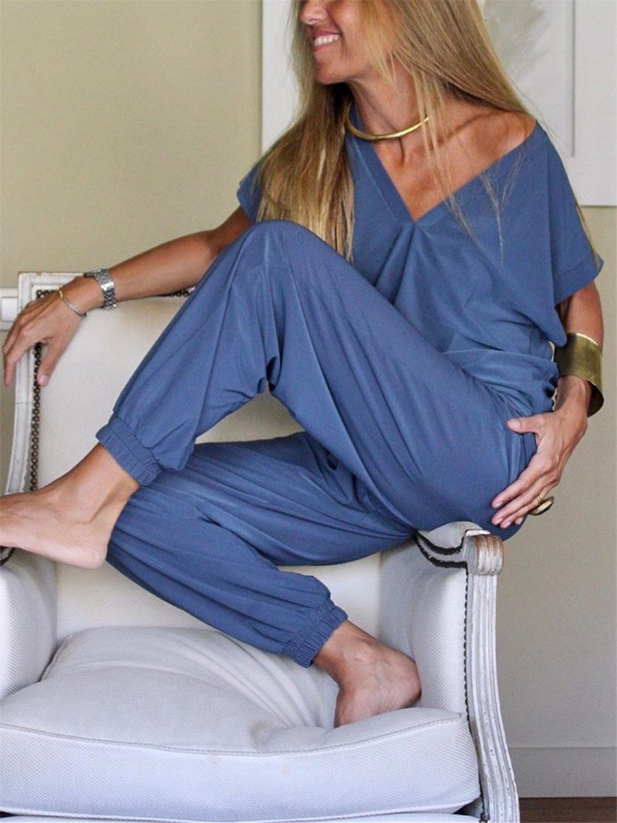 V-neck Short Sleeve Simple Casual Women's Suit