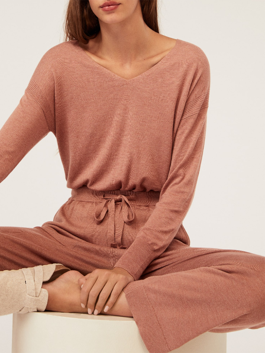 Pure Color V-Neck Long Sleeve Top Casual Trousers Two Piece Set
