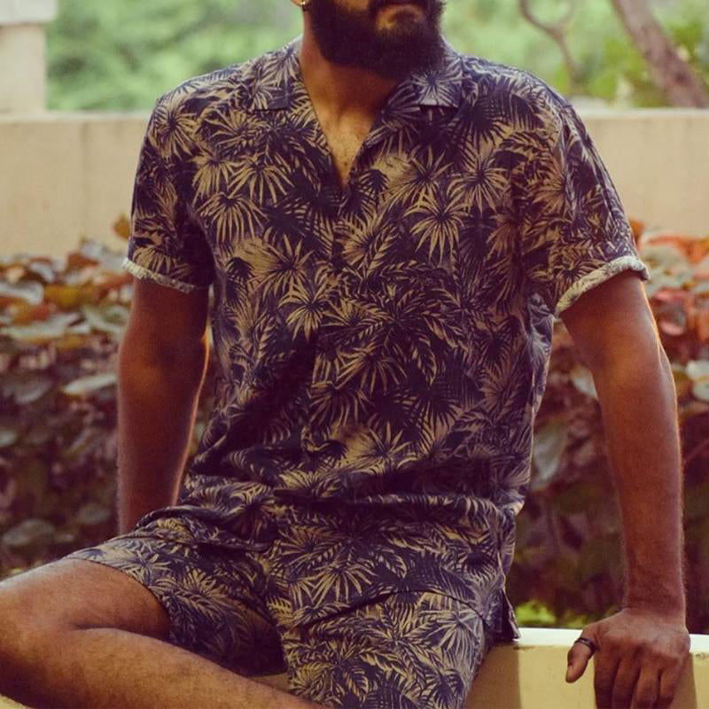 Men'S Hawaiian Floral Stand Collar Set