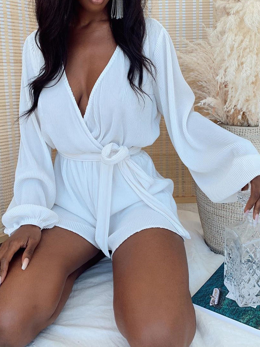 Sexy Solid Color V-neck Princess Sleeve Jumpsuit