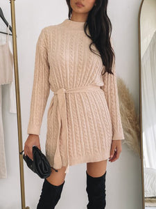 Casual Solid Color Round Neck Wool Dress