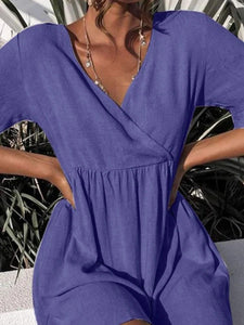 Solid Cross Front V-neck Pleated Casual Dress