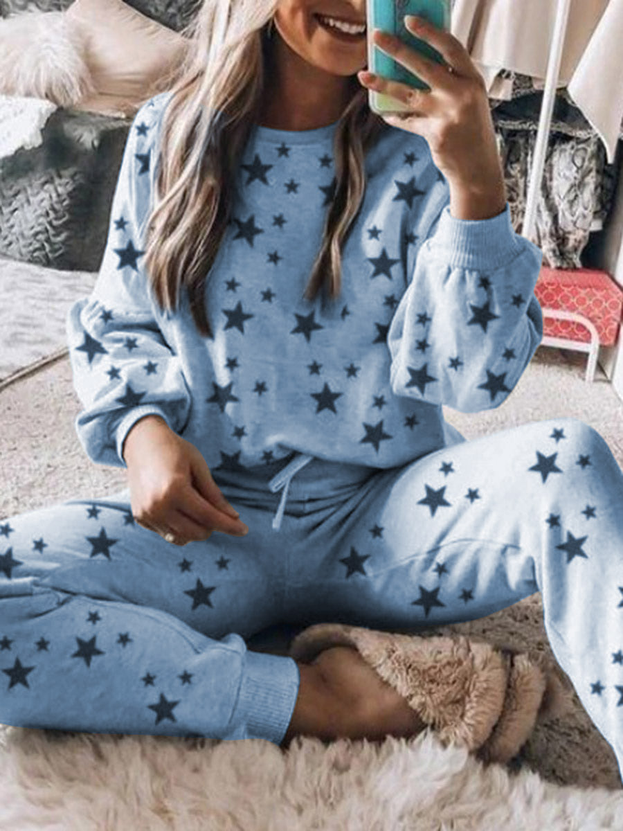 Simple Casual Loose Top Pants Star Print Set