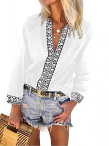 V-neck Printed Long-sleeved Casual Blouses