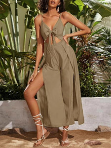 Solid Color Jumpsuit with V-neck Camisole