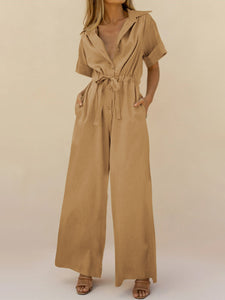Fashion Simple Casual Loose V Neck Short-Sleeved Jumpsuit