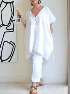 Simple Casual Loose V-Neck Top Suit Set