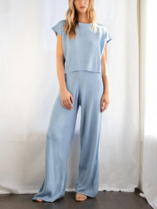 Simple Casual Loose Short Sleeve Top Pants Knitted Suit