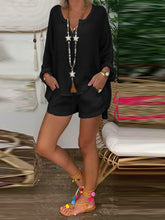 Load image into Gallery viewer, V-neck Hollow Cotton and Linen Loose Top Shorts Two-piece
