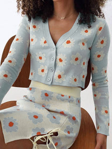 V-neck Floral Print Knit Suit