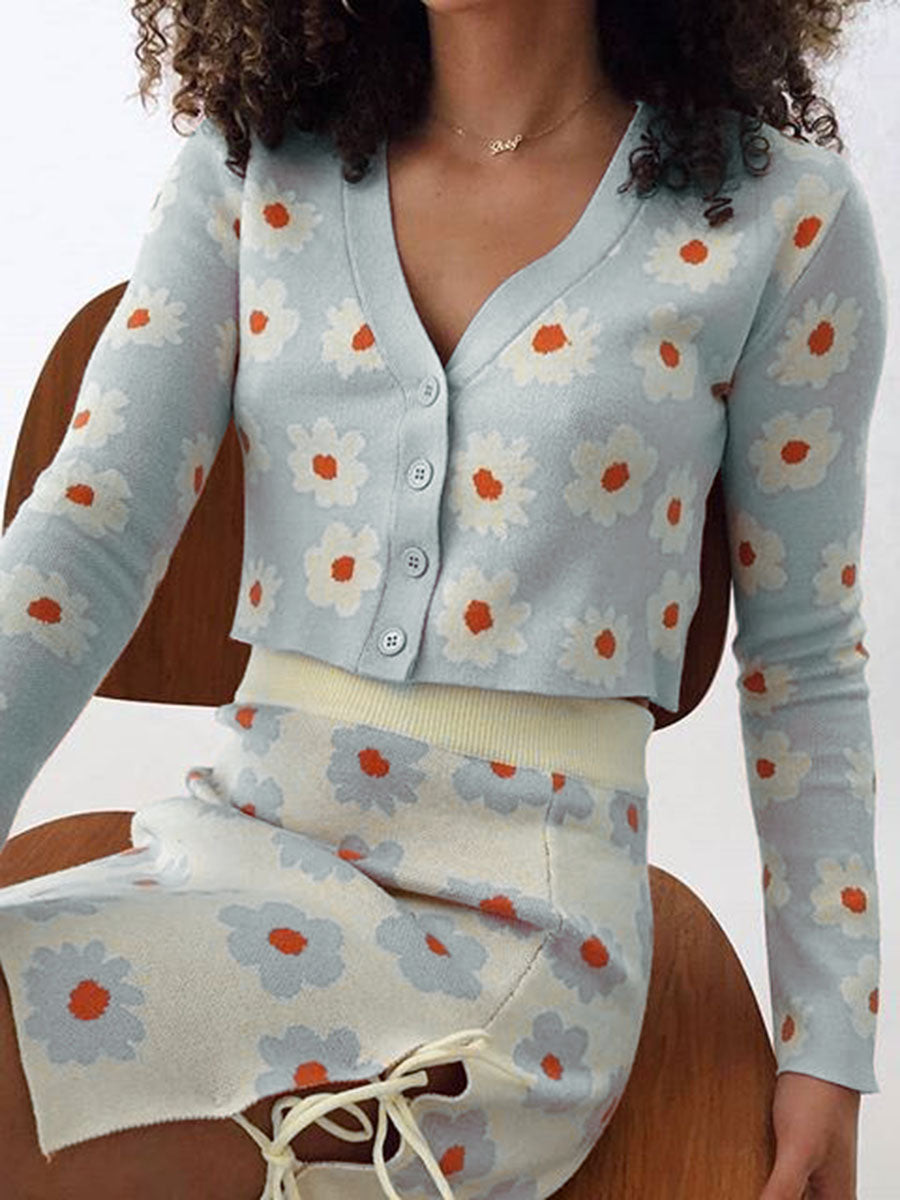 V-neck Floral Print Knit Suit