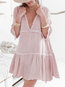 V-Neck Solid Color Cotton and Linen Dress