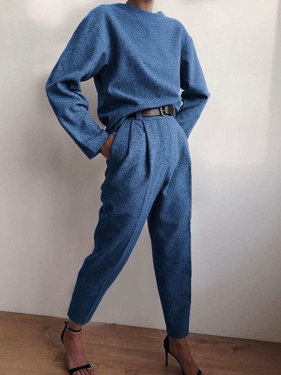 Fashion Casual Round Neck Solid Color Two-piece Suit