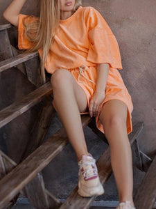 Casual Solid Color Round Neck Tie Two Piece Set