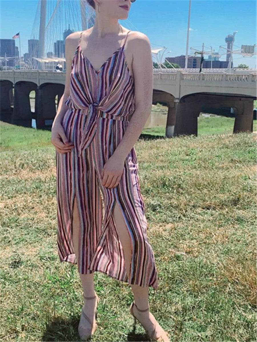 V-neck Stripe Printed Loose Jumpsuit