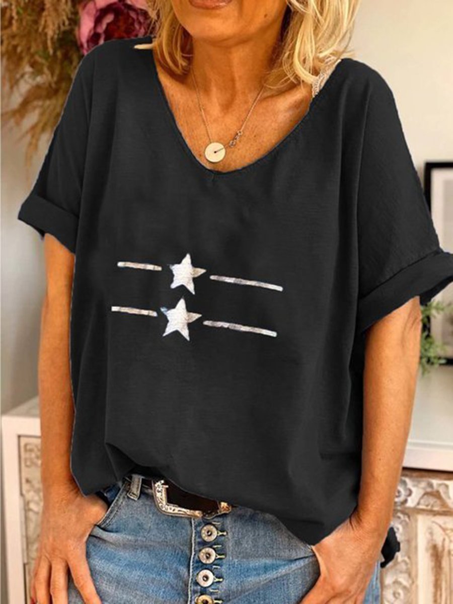 V-Neck Printed Short-Sleeved T-Shirt