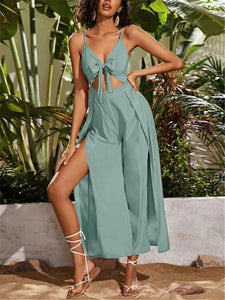 Solid Color Jumpsuit with V-neck Camisole