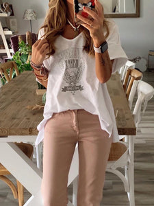 V-neck Print Loose Hem Top