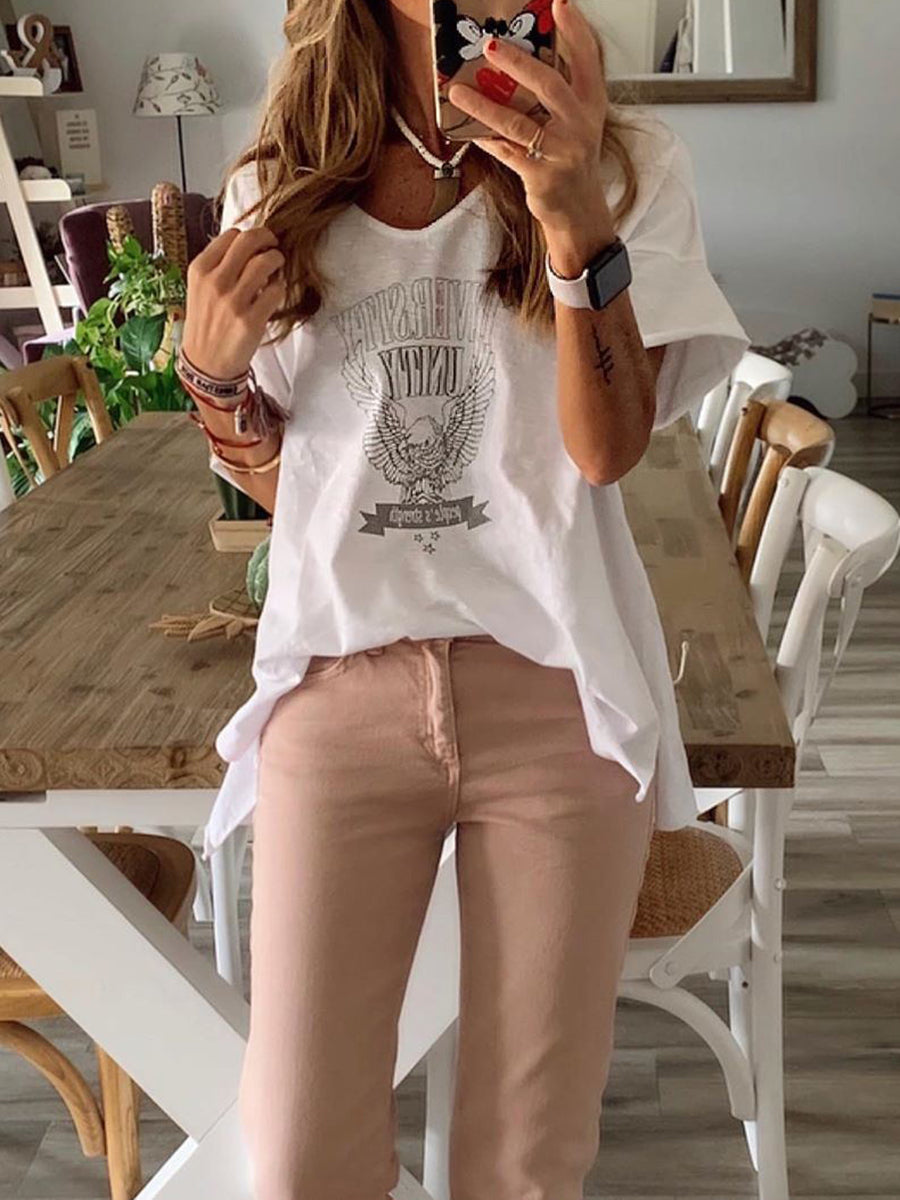 V-neck Print Loose Hem Top