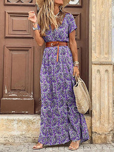 V Neck Print Short Sleeve Split Maxi Dress