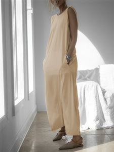 Off-the-shoulder Round Neck Solid Color Simple Jumpsuit