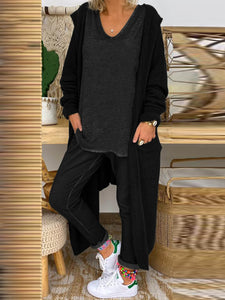 Solid Color Top Trousers and Cardigan Outwear Three-piece Suit