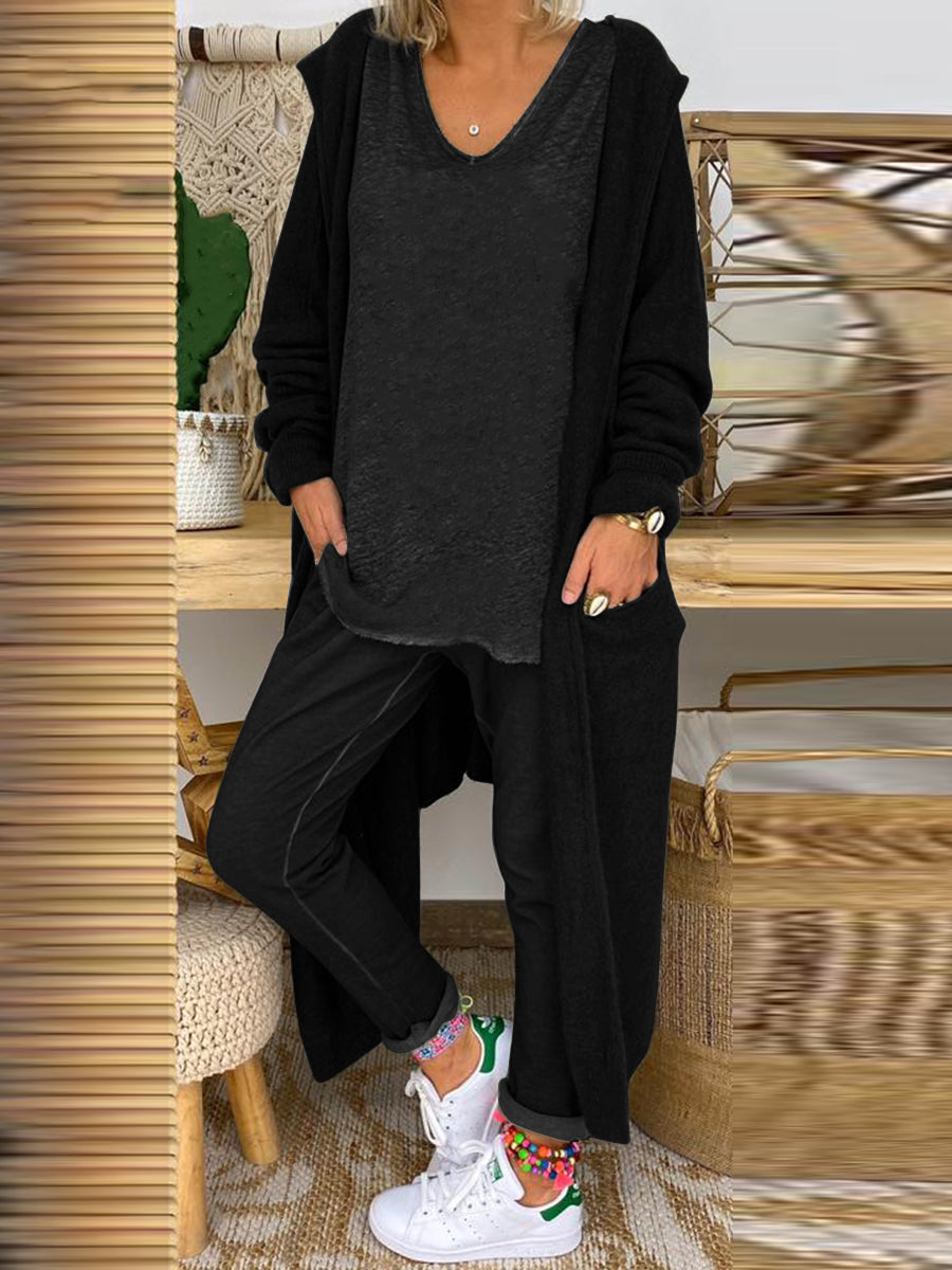 Solid Color Top Trousers and Cardigan Outwear Three-piece Suit
