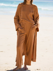 Pure Color Long Cardigan Tops Loose Trousers Three-piece Suit