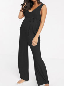 Casual Loose Short Sleeve V-neck Solid Color Pregnant Women's Jumpsuit