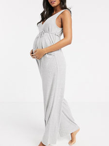 Casual Loose Short Sleeve V-neck Solid Color Pregnant Women's Jumpsuit