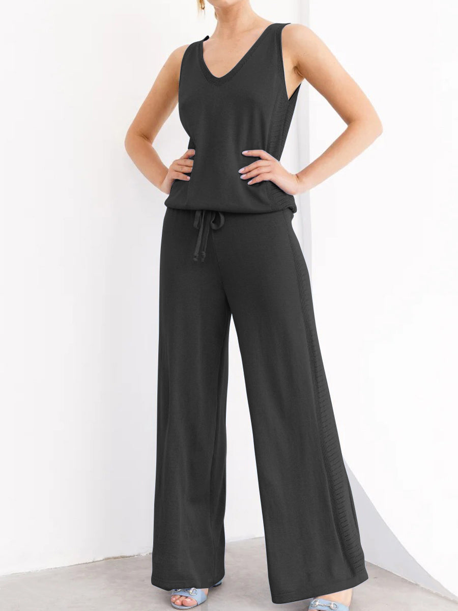Casual Loose V-neck Solid Color Two-piece Suit