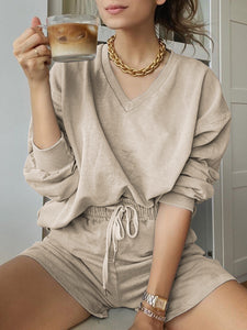 Casual V-neck Long Sleeve Solid Color Two-piece Suit