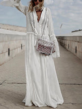 Load image into Gallery viewer, Lace Stitching V-Neck Solid Color Long-Sleeved Dress
