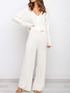 Casual Loose Solid Color Long Sleeve V-neck Two-piece Suit