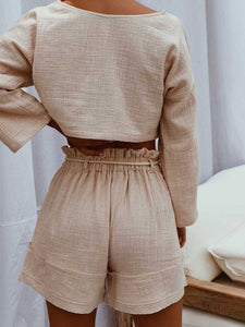 Long Sleeve Top High Waist Casual Shorts Women's Suit