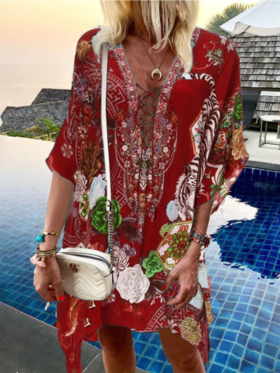 Deep V Printed Loose Casual Dress