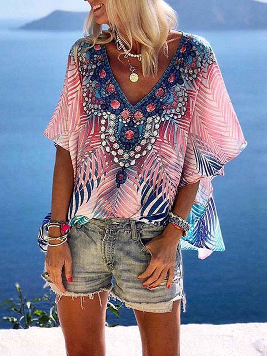 Loose Print V-Neck Top