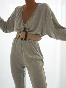 Solid V-neck Long Sleeve Casual Jumpsuit