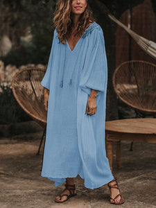 Casual Long Sleeve Round Neckline Printed Solid Color Dress
