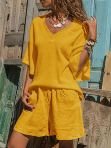 V-neck Short Sleeve Top Shorts Women's Suit