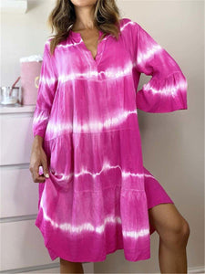 V-neck Ruffled Mid-long Sleeve Loose Casual Dress