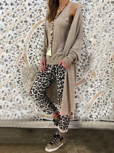 Casual Loose V-Neck Top Leopard-Print Pants Coat Three-Piece Suit