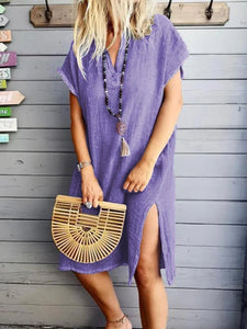 Plus Size Casual Solid V-Neck Short Sleeve Casual Dresses