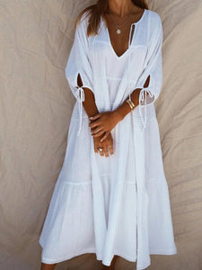 Boho Pure Color Half Sleeve Deep V-Neck Casual Dress